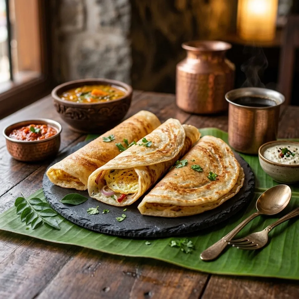 3 Dosa + Omelette + Chutney + Sambar + Kattan Kappi